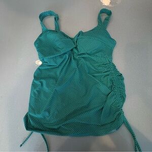 Prego Swimsuit Tank Top Teal Lime Green Polka Dots Cinch On Sides Made In USA